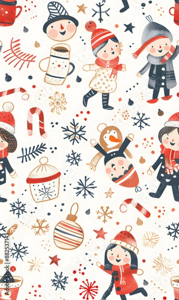 Fototapeta 2D illustrated New Year card in a cute graphic style seamless pattern.