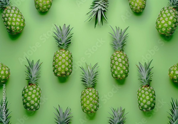 Fototapeta Green pineapple pattern against green background.Flat lay