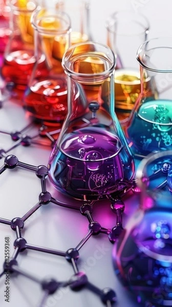 Fototapeta Colorful laboratory glassware with various chemicals arranged on a molecular structure model, representing scientific research and experimentation.