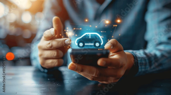 Fototapeta Man Using Smartphone for Car Services: Buy, Rent, Call a Cab or Search Insurance Online