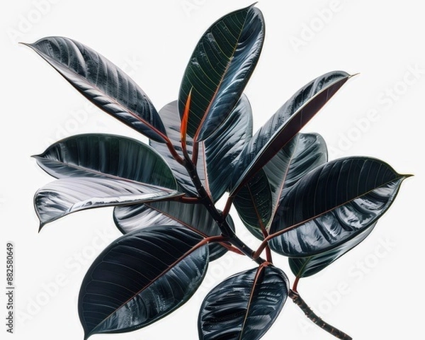 Fototapeta Close-up of a beautiful rubber plant branch with dark green leaves on a white background, showcasing natural beauty and tropical charm, air-purifying trees, India Rubber Fig