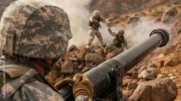 Fototapeta Soldiers assembling a heavy mortar on rugged terrain, showcasing the intricate process and teamwork involved, with a backdrop of military precision