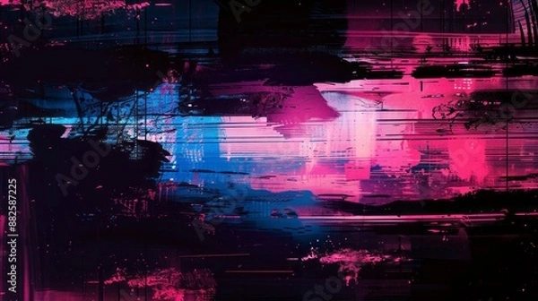 Fototapeta Vibrant cyberpunk glitch art background with retro futuristic neon colors, abstract digital distortion effect for technology concept and web design. Rave 80s 90s cyberpunk aesthetic in futurism and te