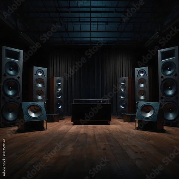 Obraz Large black speakers placed symmetrically in a dark isolated background with copy space
