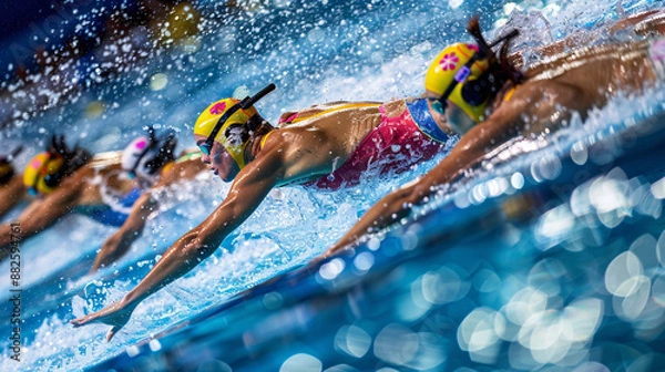 Fototapeta Top view of group of young swimmers training in olympics paris swimming pool with marked lanes outdoor. Summer sports camp featuring olympics london and paralympics 2024 swimming olympics.
