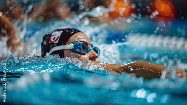 Fototapeta Top view of young swimmers training in clean blue water swimming pool. Open water training camp for olympics paris and olympics london triathlon competition.

