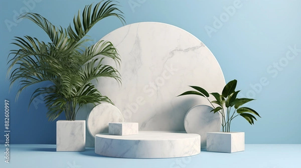 Fototapeta 3D scene abstract geometry white podium vase and plant with blue background