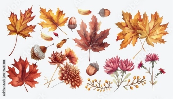 Fototapeta Whimsical Watercolor Illustrations of Autumnal Flora - Maple Leaves, Acorns, and Chrysanthemums in Warm Fall Colors