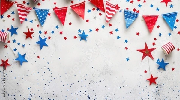Fototapeta Festive Labor Day background with red, white, and blue bunting and stars with minimalist background