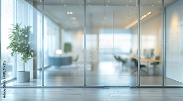 Fototapeta A blurred office interior with glass walls, featuring green plants in the foreground and softly blurred desks and chairs in the background. Sunlight streams through the window, creating a warm.