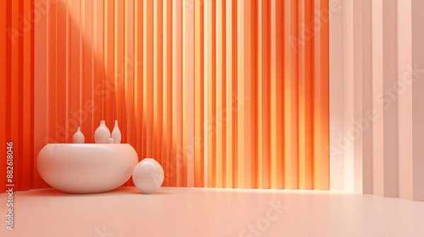 Fototapeta 3D interior scene and abstract vase with line background in the minimal style and orange color background and sunlight
