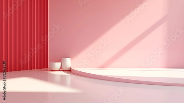 Fototapeta abstract 3d interior scene with pink and red background color and sunlight.