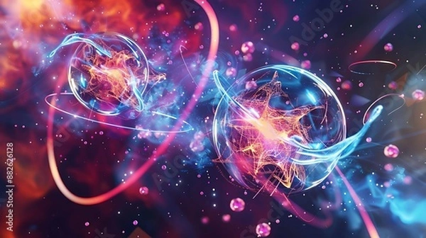 Fototapeta Two atoms colliding with vibrant energy trails and particles scattering