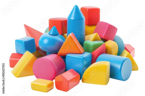 Fototapeta A pile of colorful blocks with a variety of shapes and sizes, illustration education, clipart , isolated on a transparent background.
