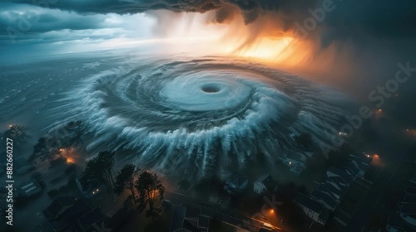 Obraz Aerial view of a colossal hurricane swirling over a suburban neighborhood, with thick clouds and powerful winds engulfing the area.