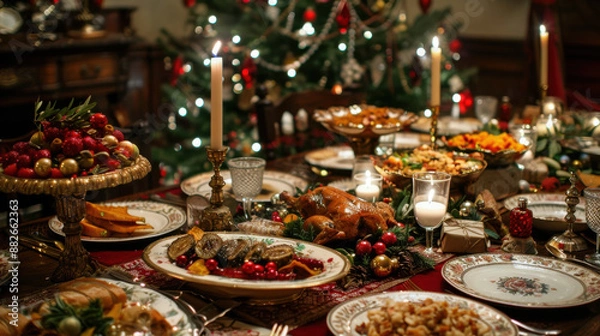Fototapeta A festive dining table decorated for a holiday feast, complete with candles, ornaments, and a variety of traditional dishes