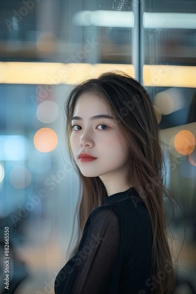 Fototapeta a asian girl standing in office with blurred background, real face, generative ai