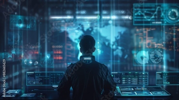 Obraz Professional Man Analyzing Global Data on Multiple Digital Screens