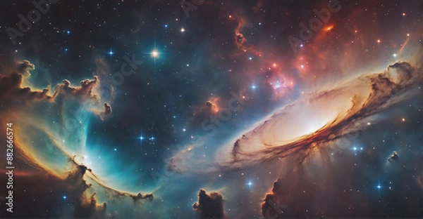 Fototapeta An incredible cosmic perspective from space showcasing a beautiful spiral galaxy surrounded by a tapestry of stars and vibrant nebulae
