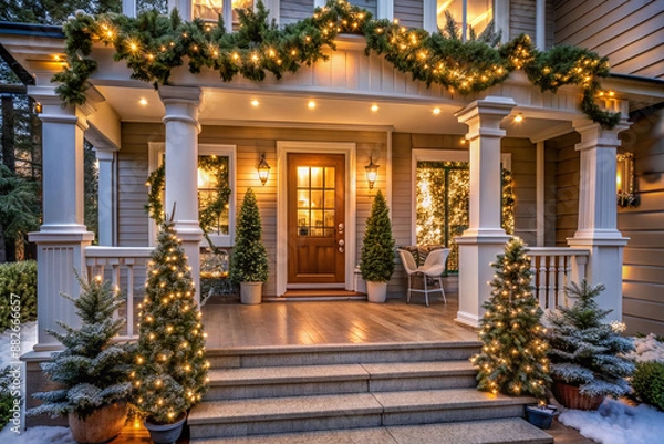 Obraz Elegant contemporary porch adorned with silver toned Christmas decorations, garlands, and ornaments, surrounded by lush greenery and warm twinkling string lights on a winter evening.
