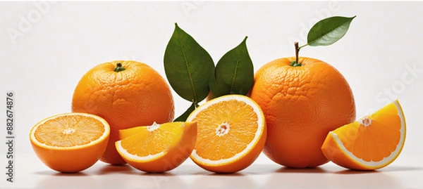 Fototapeta A striking arrangement of ripe, fragrant oranges complemented by their glossy, green leaves for a natural touch
