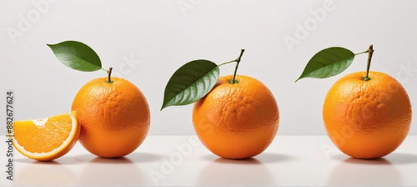 Fototapeta A vibrant display of freshly picked oranges complemented by their lush, green leaves
