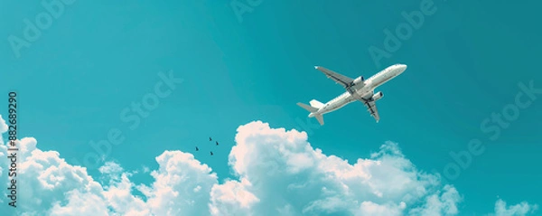 Fototapeta photo of a white airplane flying in the blue sky with clouds, banner for a web design or travel company, wide format, copy space concept, high resolution