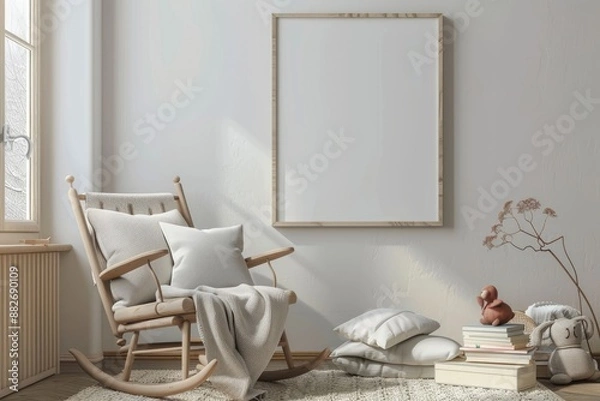Fototapeta Cozy Children's Reading Nook with Rocking Chair, Rug, and Picture Books. Tranquil Mockup Frame - Ideal for Relaxation and Storytime