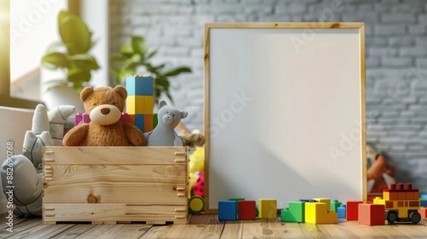 Fototapeta Imaginative Toy Chest with Colorful Blocks and Stuffed Animals, Poster Mockup in Playful Setting