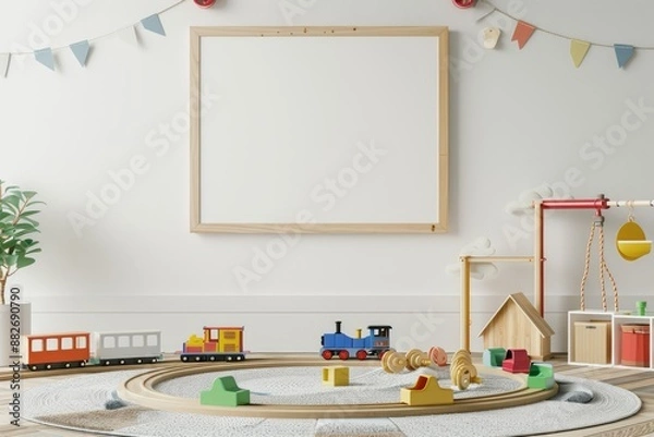 Fototapeta Creative Play Area with Wooden Train Set and Blank Canvas Mockup in Children's Room