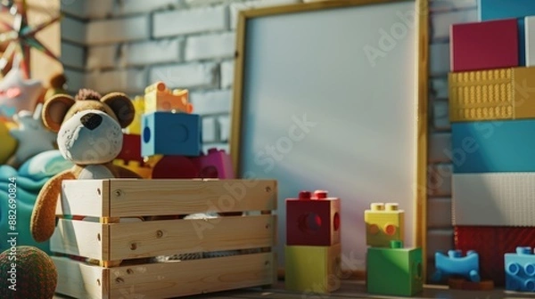 Fototapeta Playful Wooden Toy Chest with Colorful Building Blocks, Stuffed Animals, and Blank Poster Mockup for Kids' Room Decor