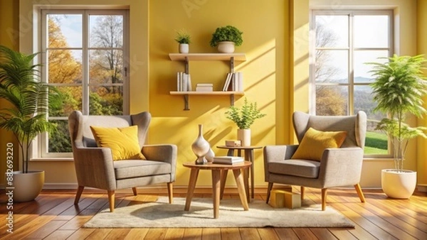 Fototapeta Cozy Scandinavian-inspired reading nook with plush armchairs, rustic wooden table, and blank canvas against vibrant sunny yellow backdrop exudes warmth.