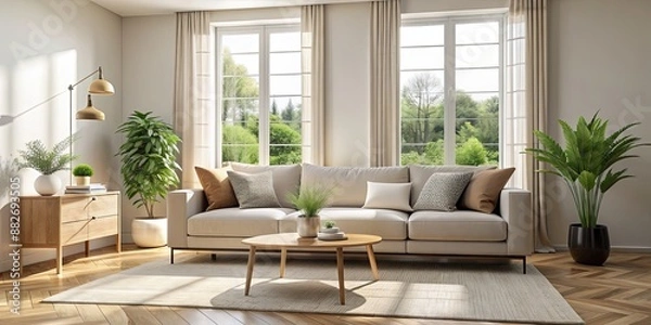 Fototapeta Light and airy interior with a comfortable sofa , cozy, modern, minimalistic, bright, spacious, clean, elegant