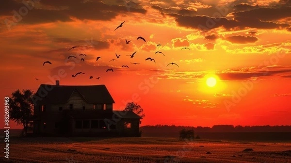 Fototapeta Sunset over the Farmhouse: A rustic farmhouse stands silhouetted against a breathtaking sunset, with a flock of birds flying overhead.