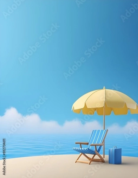 Fototapeta Summer vacation background beach umbrella realistic illustration on chair, summer promotion sale , banner, website,3d rendering