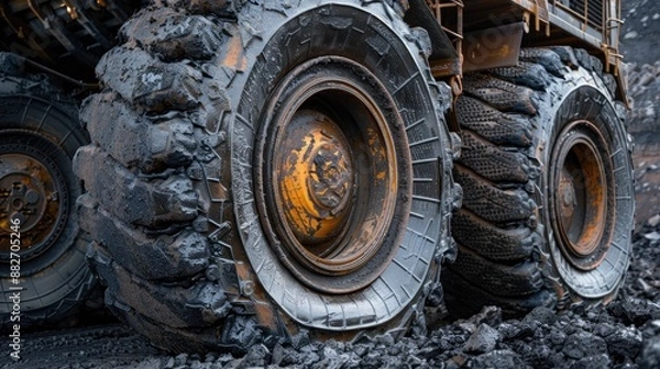 Fototapeta Large tires of coal mining equipment viewed up close