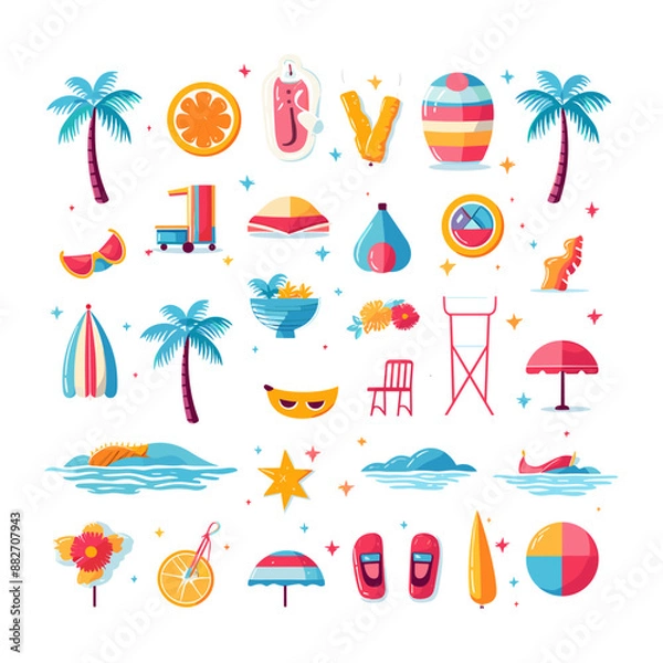 Fototapeta Summer icons. Beach white background, flat style
