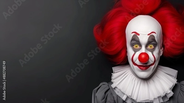 Obraz A clown with red hair and a red nose is smiling. The image is a Halloween-themed advertisement for a clown costume
