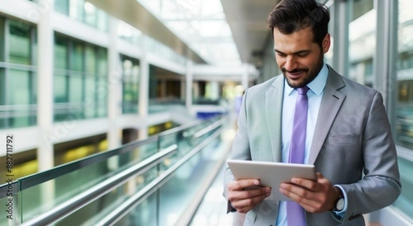 Fototapeta Businessman Walking Through Glass Hallway, Discussing Work and Using Tablet Computer.