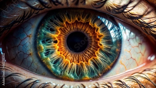 Fototapeta Macro photography of a human eye's microscopic structure, showcasing intricate iris patterns, and focused on the retina's delicate biology layers.
