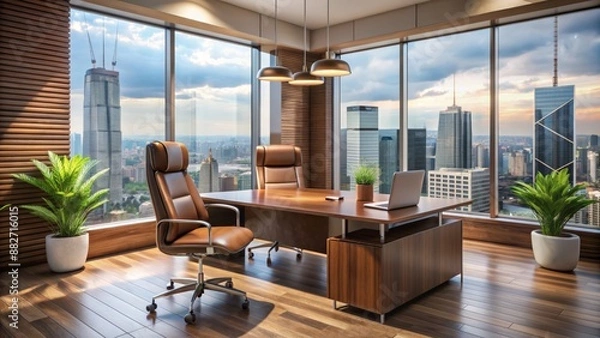 Fototapeta Professional sleek modern office interior with wooden desk, leather chairs, and minimalist decor surrounded by blurred cityscape backdrop.