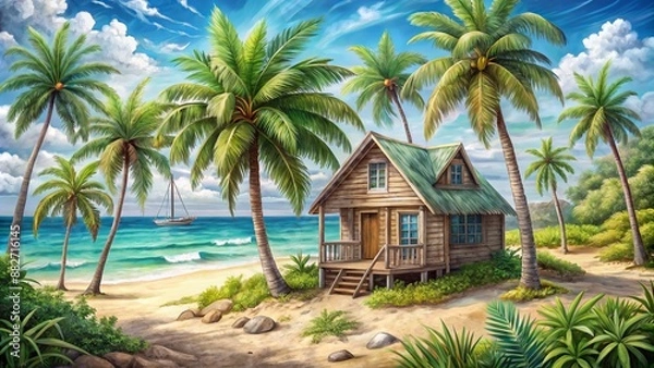 Fototapeta Whimsical hand-drawn illustration of a seaside cottage surrounded by palm trees and driftwood, evoking a sense of nostalgic beachside charm.