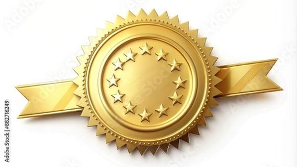 Fototapeta Gold seal stamp with certificate ribbon and stars on white background, symbolizing excellence, quality, and official approval guaranteed.