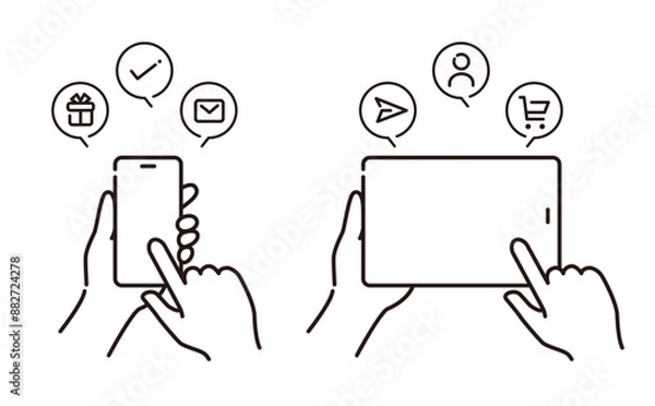 Obraz キャッシュレス、アプリ、メール送信の説明に使える スマートフォン・タブレットをタッチするイラスト素材