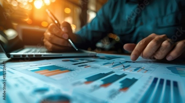 Fototapeta Close-up shot of an analytical working with the latest financial results
Financial accounting sales forecast graphs analysis with hand writing , digital effect abstract for background