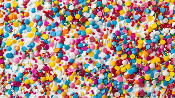 Fototapeta Imagine a beautiful white frosted cake adorned with colorful sprinkles, perfect for confectionery or dessert photography to capture intricate details in a captivating image