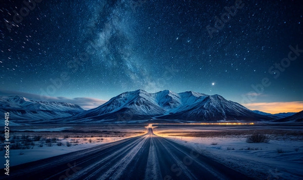Fototapeta empty road perspective in the mountains at night with stars and galaxy showing and snow landscape winter wallpaper 