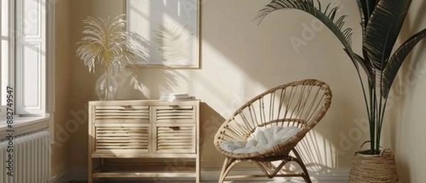 Fototapeta Bright and airy living room with bohemian decor, featuring a rattan chair, wooden furniture, and large potted plant beside a sunny window.
