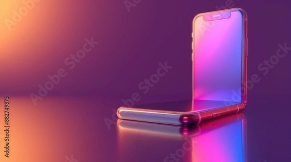 Obraz Modern foldable smartphone with vibrant neon lighting reflecting off its surface on a dark gradient background, showcasing cutting-edge technology.