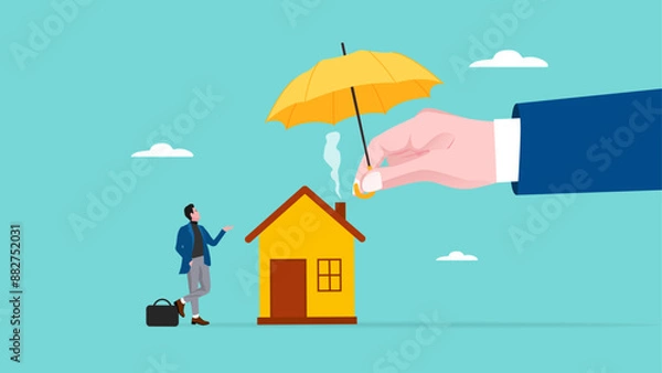Obraz home insurance or homeowners protection, security shield concept, guarantee to protect the house from damage or loss of contents and structure, big businessman hand covers the house and its owner